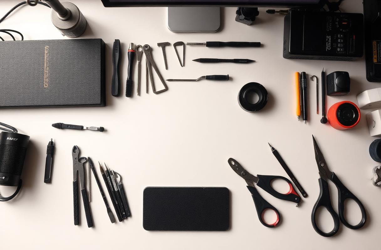 Organized computer repair workshop with precision tools
